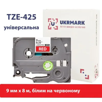 Стрічка для принтера етикеток UKRMARK B-T425P, ламінована, 9мм х 8м, white on red, аналог TZe425 (900555)