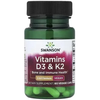Вітамінно-мінеральний комплекс Swanson Вітаміни D3 та K2, Vitamins D3 & K2, 60 веганських капсул (SWV11809)