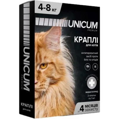 Краплі для тварин Unicum Premium від бліх та кліщів на холку для котів масою 4-8 кг/3 шт (4820150201777)