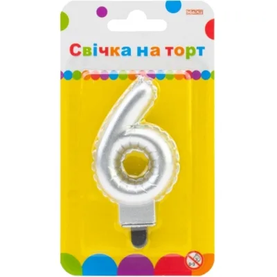 Свічка Maxi срібляста двостороння "6" у вигляді надувної кульки висотою 7,62 см (MX622095S-6)