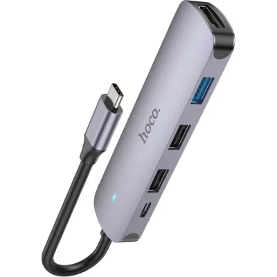 Концентратор HOCO USB-C to HDMI+USB3.0+2xUSB2.0+PD HB27 Metal Gray (6931474769329)