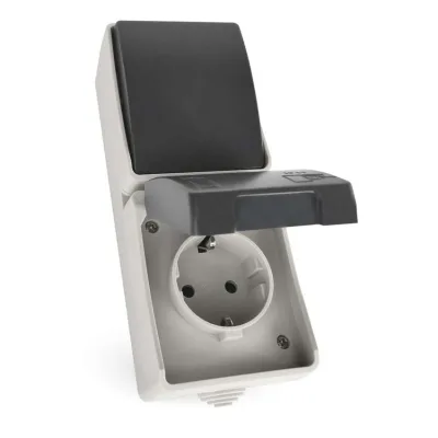 Розетка EMOS + вимикач прохідний вертикальний зовнішній сірий IP44 (A1396.4)