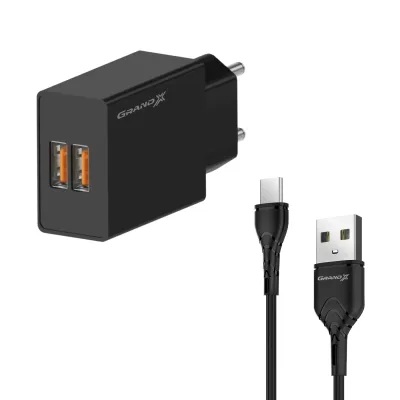 Зарядний пристрій Grand-X 2xUSB 5V 2.4A + cable USB to USB-C black (CH-15T)