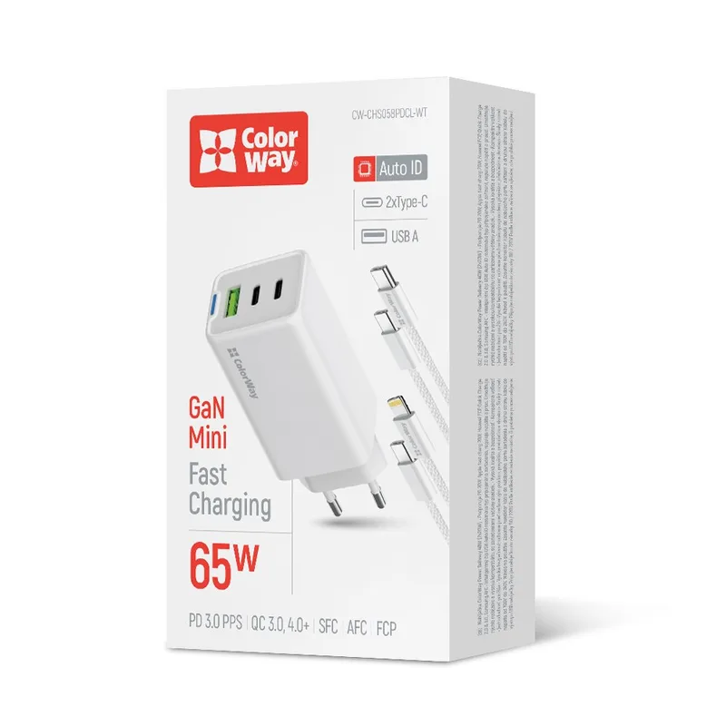 Зарядний пристрій ColorWay GaN Mini 65W PD Port PPS USB (USB-2C1A) cable Type-C&Lightning (CW-CHS058PDCL-WT)