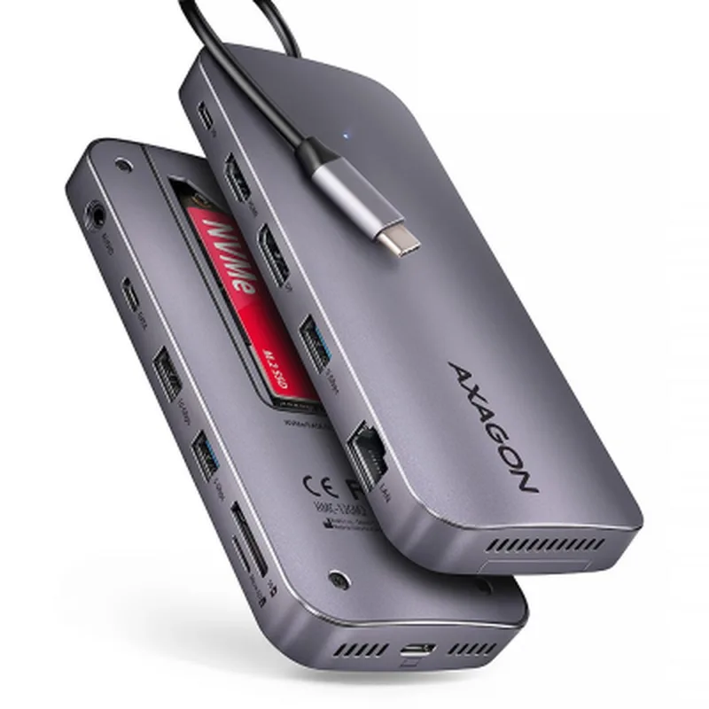 Концентратор AXAGON USB-C 12-in-1 HDMI + DisplayPort + RJ45 1000Mbps + PD100W aluminum gray (HMC-12GM2)