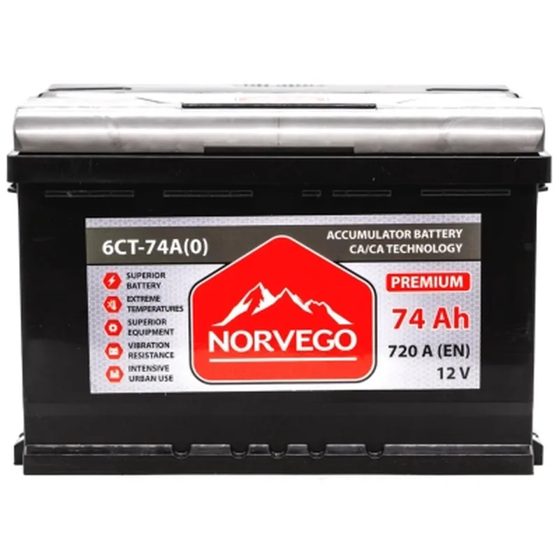 Акумулятор автомобільний NORVEGO ВЕСТА Premium 74A +прав (0) (720 пуск)