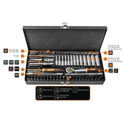 Набір інструментів Neo Tools 63шт, 1/4", CrV, металевий кейс (10-008)