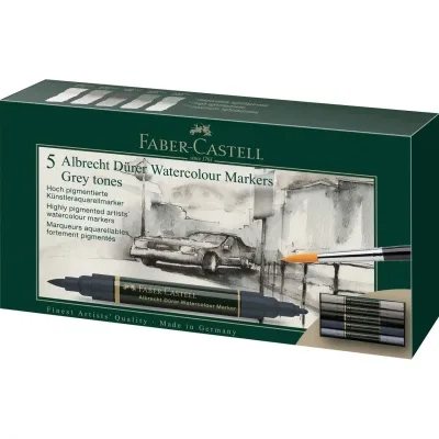 Художній маркер Faber-Castell акварельні двосторонні Albrecht Dürer Grey Tones, набір 5 кольорів сірі тони (31349)