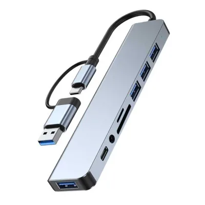 Концентратор Dynamode USB-C/A 8-in-1 1xUSB-C + 1xUSB 3.0 + 3xUSB 2.0 + 3.5mm audio + SD/TF silver (BYL-2218TU)
