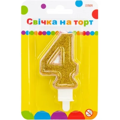 Свічка Maxi золотиста двостороння з блискітками "4", 7,62 см, на торт (MX622083-4)