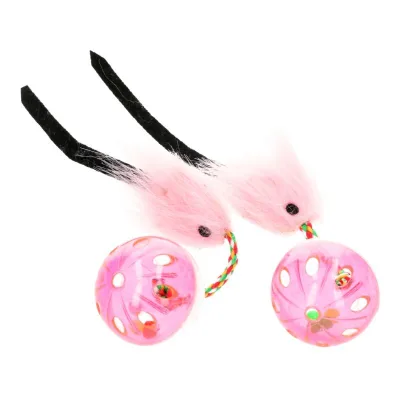 Іграшка для котів Hippie Pet М'ячики з мишкою рожеві 26 см 2 шт (HIPCT18026RO)