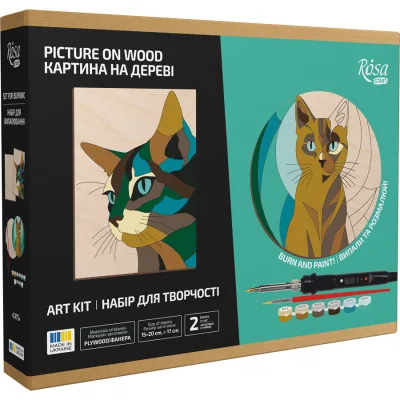 Набір для творчості Rosa Start Cats випалювання картини на дереві, з фарбами, в коробці (4823098544708)