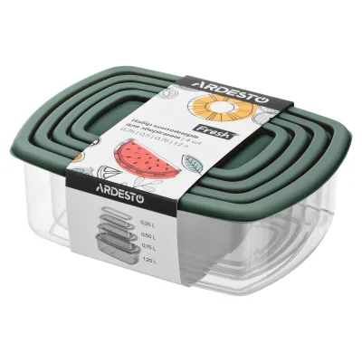 Харчовий контейнер Ardesto Fresh Набір 0.25/0.5/0.75/1.2л, пластик, прямокутна, зелений (AR1312G)