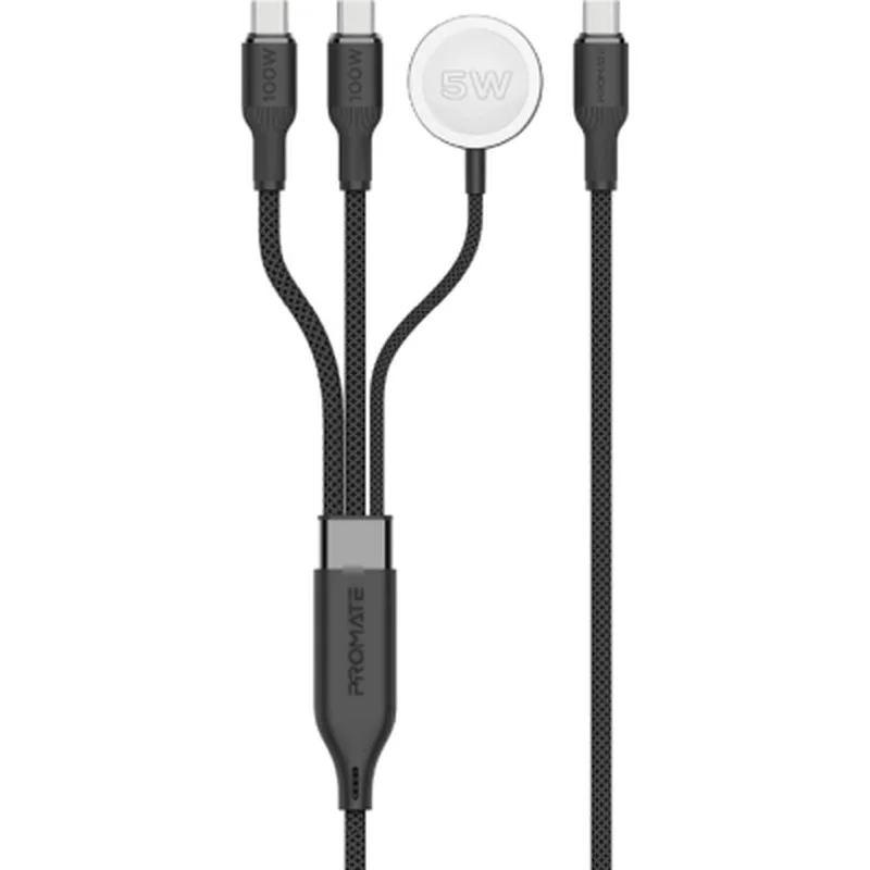 Дата кабель USB-C to 2xUSB-C 100W + Apple Watch 5W 1.4m FUSION-CCW black Promate (fusion-ccw.black)