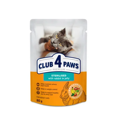 Вологий корм для кішок Club 4 Paws для стерилізованих з кроликом в желе 80 г (4820215367578) (упаковка 24 шт)
