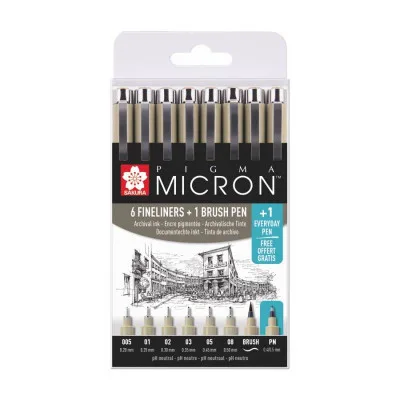 Лайнер Sakura Набір Pigma Micron 6 шт, 1 лінер-пензель Pigma Brush + PIGMA Micron PN в подарунок (8712079421731)