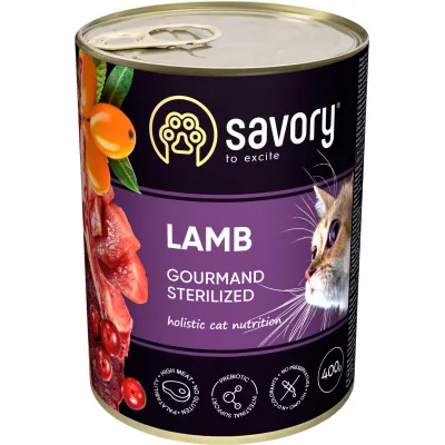 Вологий корм для кішок Savory Cat Can Adult Sterilised ягня 400 г (4820232630730) (упаковка 6 шт)