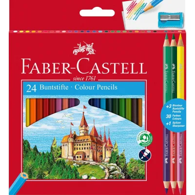 Олівці кольорові Faber-Castell 24 кольори "Замок" + 3 двоколірні олівці + стругачка, (110324) (5515)