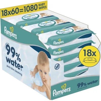 Дитячі вологі серветки Pampers 99 Water 60 шт х 18 пачок (1080 шт) (8006530116374)