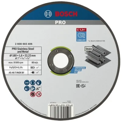 Круг відрізний Bosch Professional, для нержавіючої сталі та металу, 180×1.6×22.23 mm (2.608.603.406)