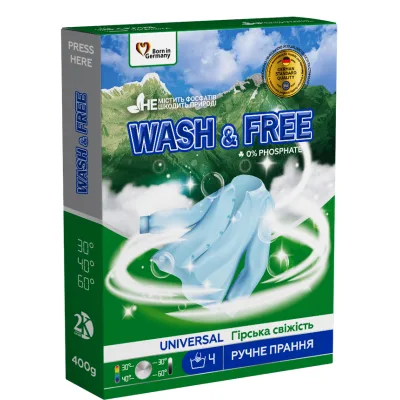 Пральний порошок Wash&Free Universal Гірська свіжість Для ручного прання 400 г (4262396143334)