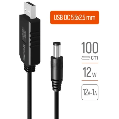Кабель живлення USB to DC 5.5x2.5mm 12V 1.0m black ColorWay (CW-CBUD067-BK)