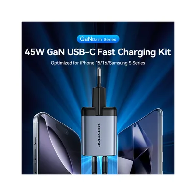 Зарядний пристрій Vention 2xUSB-C PD45W GaN + cable USB-C to USB-C 1.0m black gray (TZ-FCDH0-EU)