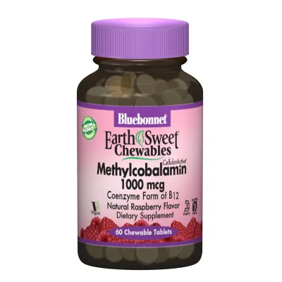 Вітамін Bluebonnet Nutrition Метилкобаламін (В12) 1000мкг, Смак Малини, Earth Sweet Chewa (BLB-00441)