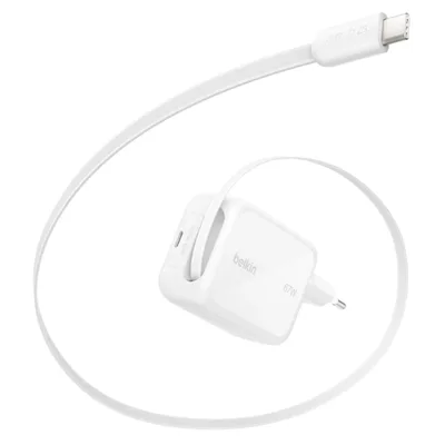 Зарядний пристрій Belkin 2xUSB-C 67W GaN PD3.2 PPS + built-in cable USB-C 1.0m white (WCH022KQWH)