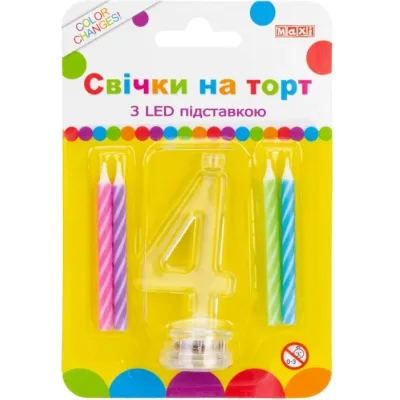 Свічка Maxi 4 шт. на торт з LED підставкою "4", що світиться (MX701007-4)