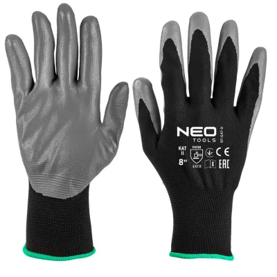 Захисні рукавиці Neo Tools комплект 12шт, поліестер з нітриловим покриттям, р.8, сіро-чорний (97-647-8)