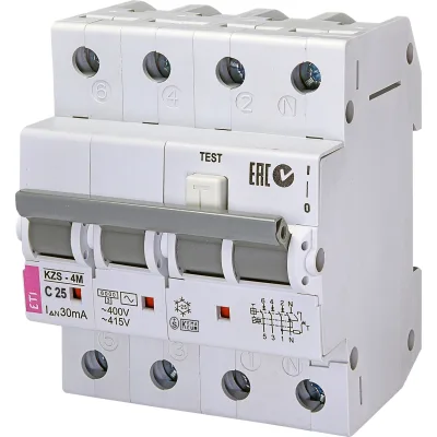 Диференціальний автоматичний вимикач ETI KZS-4M 3p+N C 25/0,03 тип AC (6kA)
