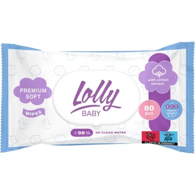 Дитячі вологі серветки Lolly з перших днів життя з клапаном 80 шт (4820174981136)