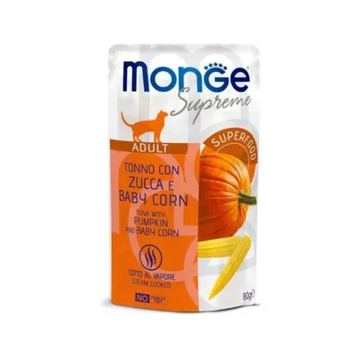 Вологий корм для кішок Monge Wet Adult тунeць з гарбузом та молода кукурудза 80 г (8009470006842)
