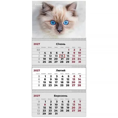 Календар Axent настінний квартальний 2027 р.,3 пр. Cats 2 (8803-27-8-A)