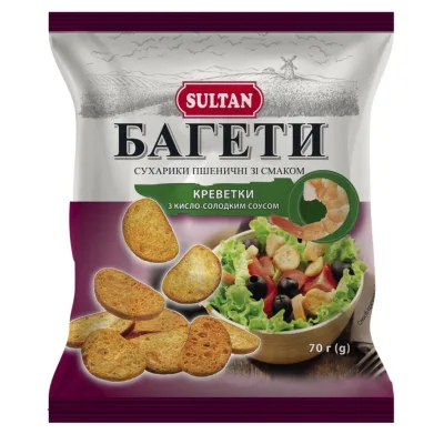 Сухарики Sultan пшеничні зі смаком креветки з кисло солодким соусом 70 г (slt.51219)