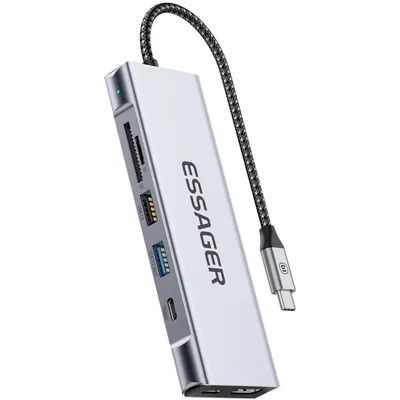 Концентратор Essager USB-C 8-in-1 HDMI + USB 3.2 + USB-C + SD/TF + M.2 PCIe/NVMe/SATA SSD support gray (EHB08-QK0G-Z)