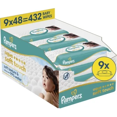Дитячі вологі серветки Pampers Aqua Soft Touch 9x48 шт (432 шт) (8006530140010)