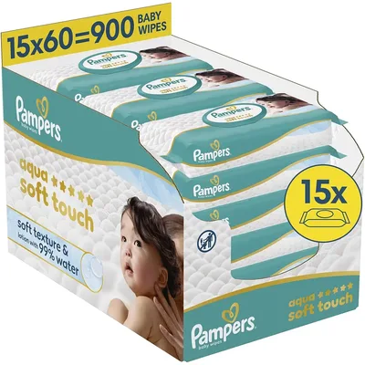 Дитячі вологі серветки Pampers Aqua Soft Touch 15x60 шт (900 шт) (8006530140232)
