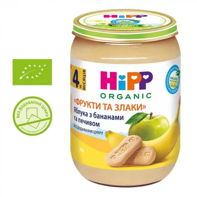Дитяче пюре HiPP Яблука з бананами та печивом Фрукти і злаки, 190 г (9062300132479)