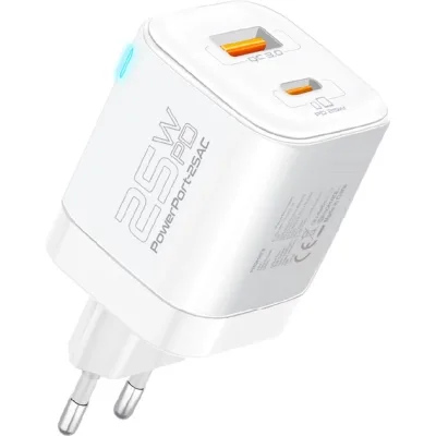 Зарядний пристрій Promate USBC PD25W + USBA QC3.0 18W White (powerport-25ac.white)
