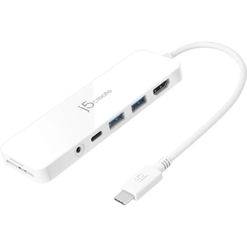 Концентратор J5create USB-C 6-in-1 2xUSB 3.1 + USB-C PD + HDMI + SD/TF + 3.5mm white (JCD373-N)