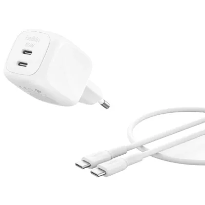 Зарядний пристрій Belkin 2xUSB-C PD50W GaN PPS + cable USB-C to USB-C 1.0m white (WCH019KQ1MWH-B6)