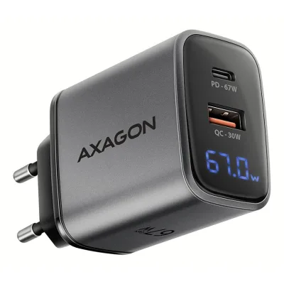 Зарядний пристрій AXAGON 1xUSB-C PD67W + 1xUSB QC4+ PPS display gray (ACU-PQ67D)