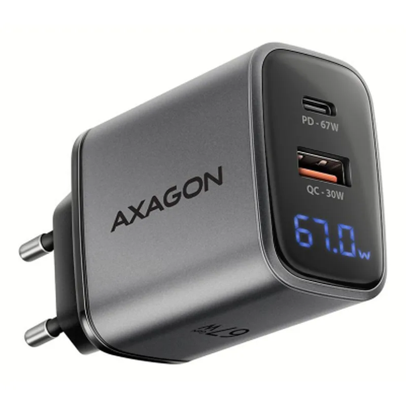 Зарядний пристрій AXAGON 1xUSB-C PD67W + 1xUSB QC4+ PPS display gray (ACU-PQ67D)