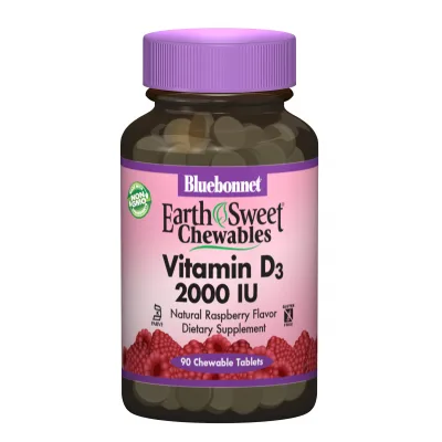 Вітамін Bluebonnet Nutrition Вітамін D3 2000IU, Смак Малини, Earth Sweet Chewables, 90 ж (BLB-00364)