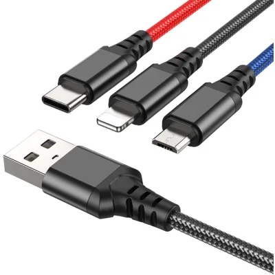 Дата кабель USB 2.0 AM to Lightning + Micro 5P + USB-C 1.0m 2A nylon black+red+blue HOCO (6931474768636)