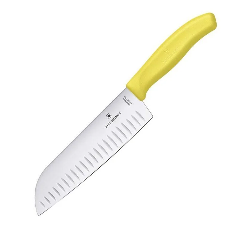 Кухонний ніж Victorinox SwissClassic сантоку 17 см, ребристе лезо, жовтий (6.8526.17L8B)