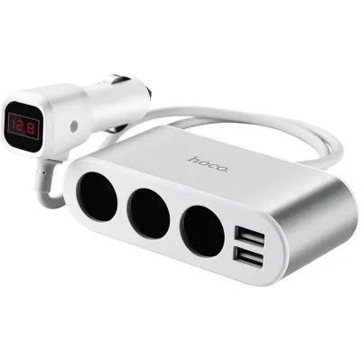 Зарядний пристрій HOCO 2xUSB 10.5W + 3x car socket silver (6957531050896)