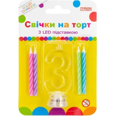 Свічка Maxi 4 шт. на торт з LED підставкою "3", що світиться (MX701007-3)